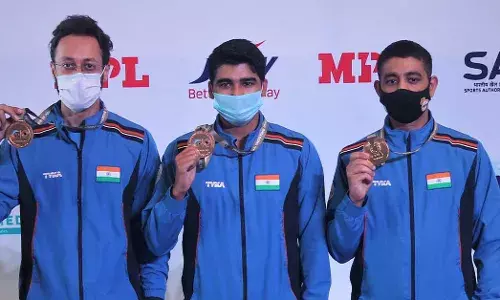 Indian team on the podium at ISSF World Cup for 10M Air Pistol (Source: NRAI)