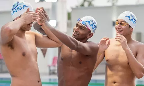 Indian swimmers Srihari Nataraj, Sajan Prakash and Kushagra Rawat (Source: Antonin Kélian Kallouche/Gulf News)