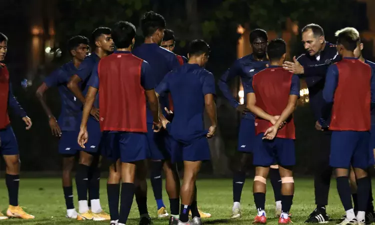 Indian football team ahead of friendly against Oman (Source: Indian football team) Indian football team ahead of friendly against Oman (Source: Indian football team)