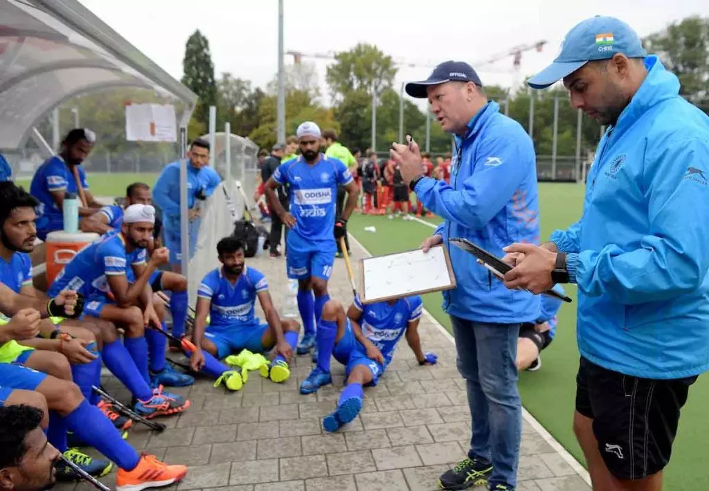 Indian men's hockey team with coach Graham Reid