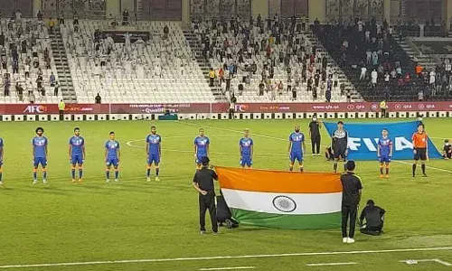 Indian players before the start of the match against Qatar