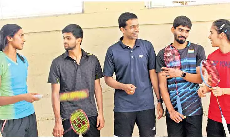 Star products of the Gopichand Academy - Sindhu (left), Sai Praneeth, Gopichand (middle), Srikanth and Saina Nehwal, Image Credit: N Jagannath Das