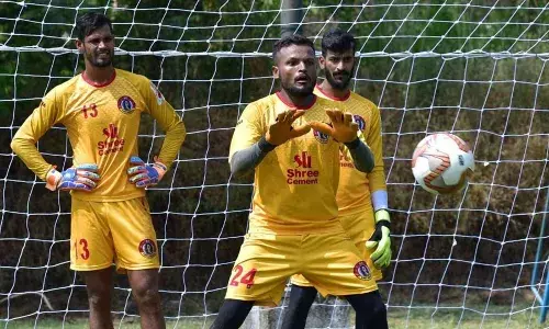 Debjit Majumder (in front) in a training session at East Bengal.
