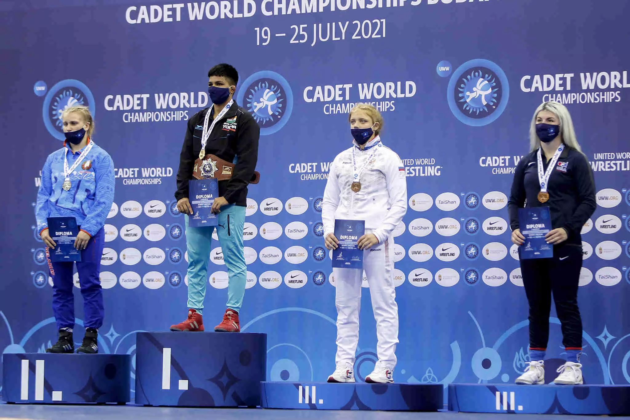 Priya Malik on the Podium at the Cadet World Championship. 