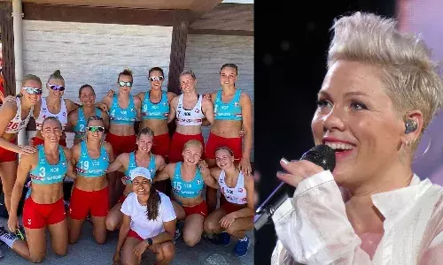 Pink supports the Norwegian womens beach handball team
