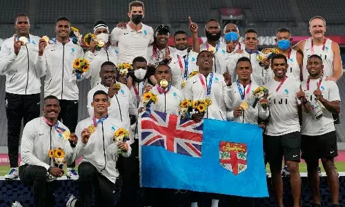 Fiji Rugby Sevens Team at Podium