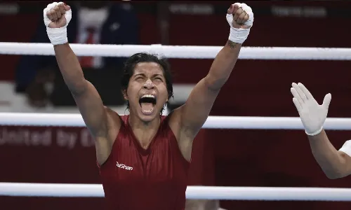 Lovlina Borgohain after winning her quarterfinal bout at Tokyo Olympics Lovlina Borgohain after winning her quarterfinal bout at Tokyo Olympics