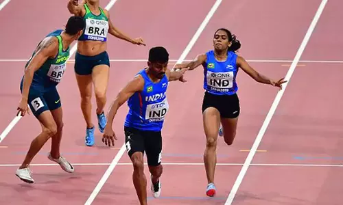The Indian 4x400m Mixed Relay team in Heat 2 at the Tokyo Olympics