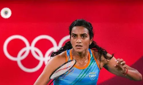 PV Sindhu in action at the Tokyo Olympics