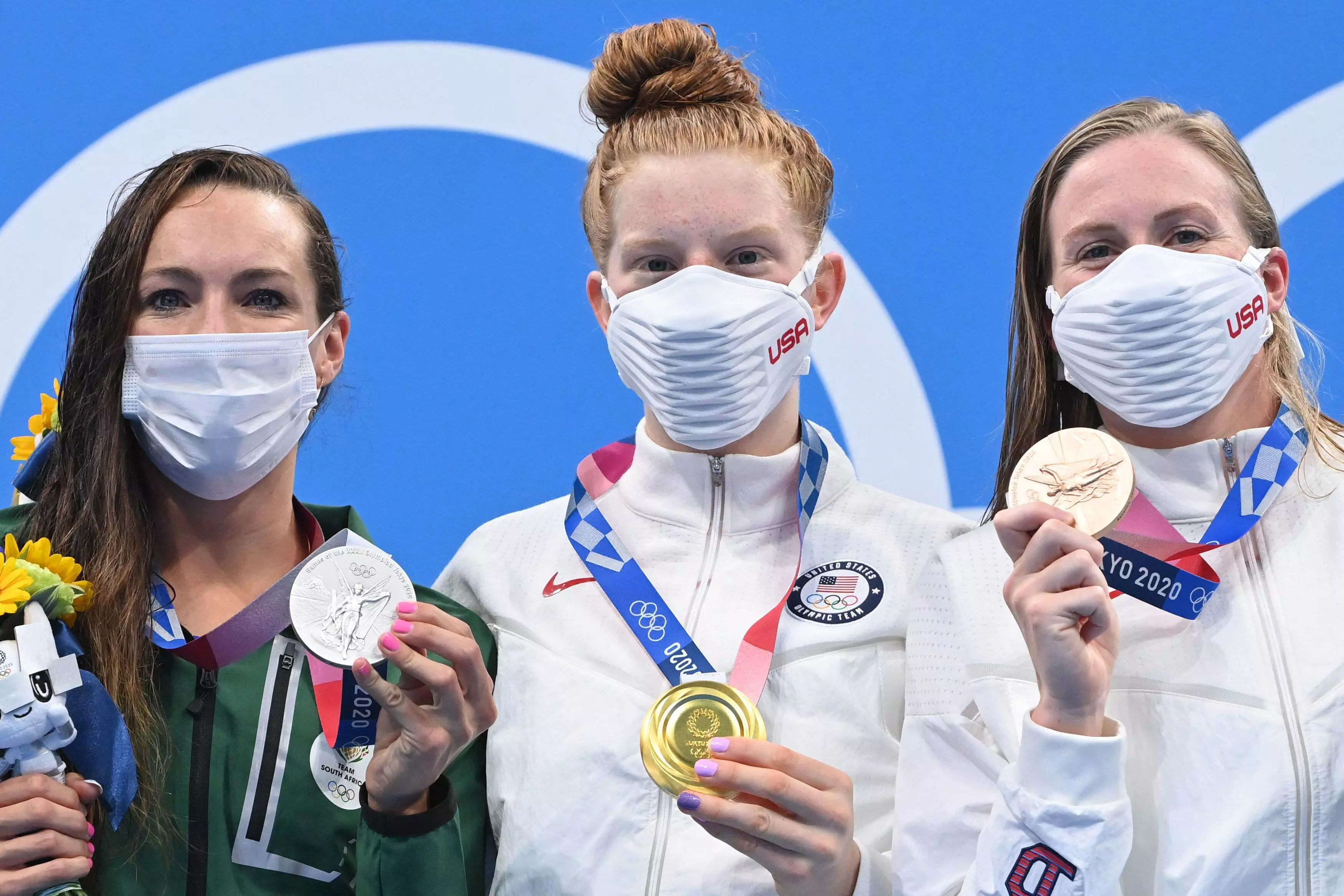 The US swimming team wore dystopian masks which drew comparisons with Bane and Hannibal Lecter [Source: AFP]