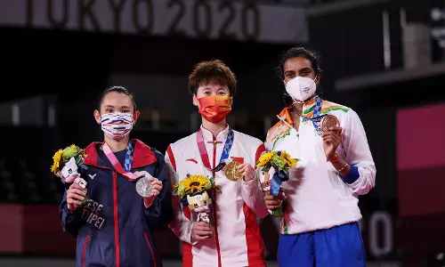 Tai Tzu-ying (silver), Chen Yufei (gold), PV Sindhu (bronze) at the Tokyo Olympics (Source:Getty Images)