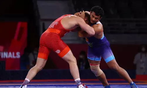 Deepak Punia in action at the Tokyo Olympics