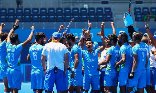 Indian men hockey team celebrates after winning bronze at Tokyo Olympics