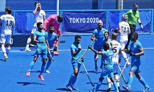 Indian men hockey team celebrates after winning bronze at Tokyo Olympics