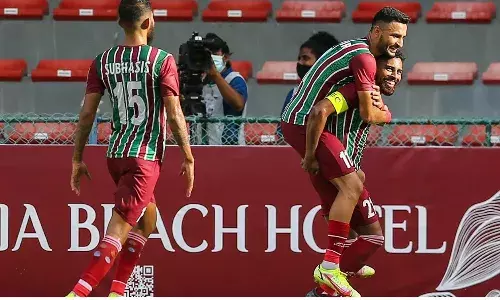Roy Krishna and Manvir Singh celebrate the teams first goal against ATK Mohun Bagan FC in the first match against Bengaluru FC.(Source: AFC Twitter)