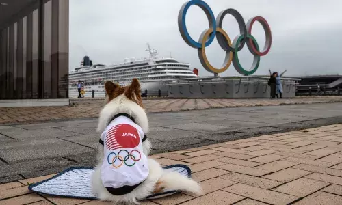 A dog sitting near the Olympic logo