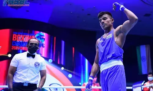 Indian boxer Vanshaj celebrate his win in the semi-finals at the ASBC Asian Youth Boxing Championships in Dubai (Source: Boxing India)