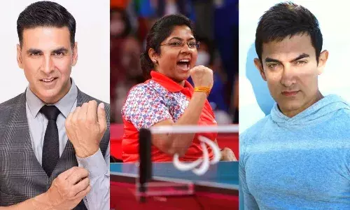 Akshay Kumar, Tokyo Paralympics silver medallist Bhavina Patel and Aamir Khan (Left to Right)