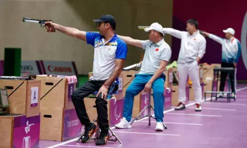 Singhraj Adhana during the final of 10m air pistol event at Tokyo Paralympics (Source: Tokyo Paralympics)