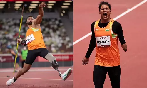 Indian javelin throwers Sumit Antil and Devendra Jhajharia, who won gold and silver at the Tokyo Paralympics (Source: Getty)