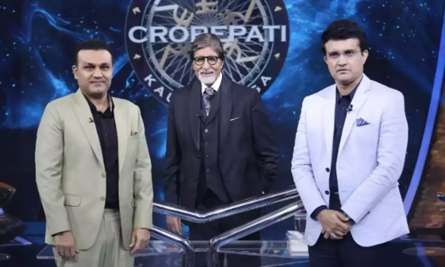 Former Indian cricketers Virender Sehwag and Sourav Ganguly on the sets of KBC