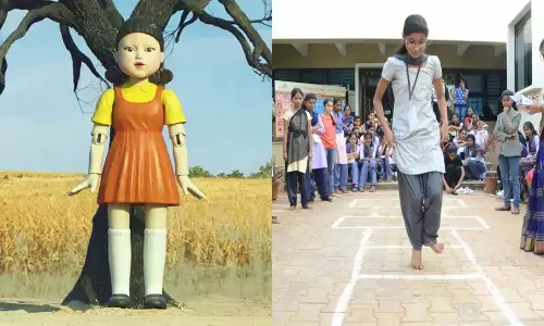 A scene from Squid Game (left), Hopscotch being played at an Indian school (Source: TOI)