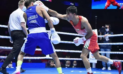 Indias Akash Kumar in action at Mens World Championships (Source: Boxing Federation of India)