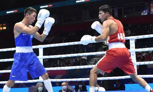 Indian boxer Akash Kumar in his semifinal bout of the AIBA World Mens Boxing Championships 2021 (Source: BFI)