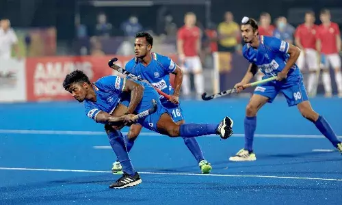 Indian players in action in pre-quarterfinal match (Source: Hockey India/Twitter)