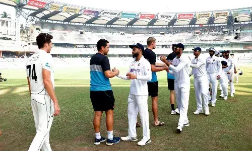 India and New Zealand team post the second and final Test (Source; ICC/Twitter)