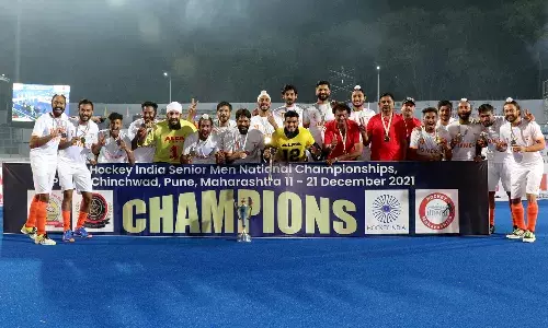 The victorious Punjab team at the medal ceremony of Hockey India Senior Mens National Championship (HockeyIndia)