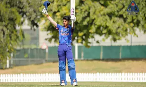 India U-19 batter Harnnor Singh celebrating his century (Source: BCCI/Twitter)