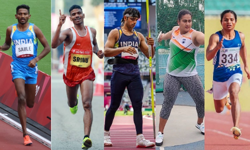 Indian athletes Avinash Sable, Bugatha Srinu, Neeraj Chopra, Kamalpreet Kaur and Dutee Chand