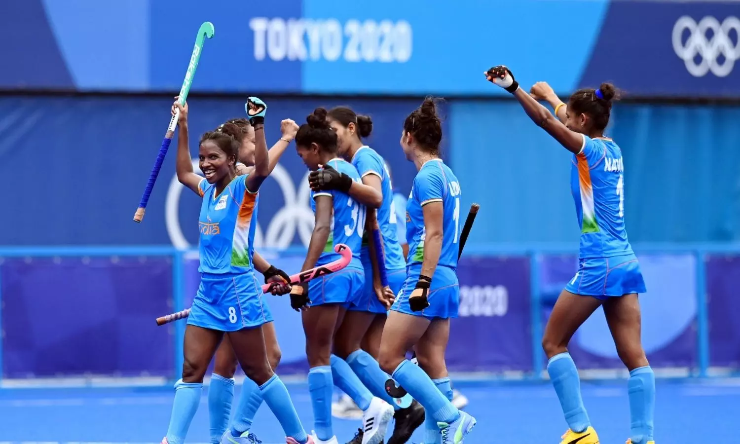 Indian womens hockey team celebrating historic QF win against Australia at Tokyo Olympics