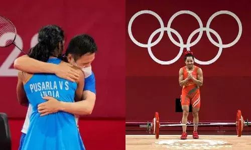 Shuttler PV Sindhu and coach Park-Tae Sang share a hug after the her win; weightlifter Mirabai Chanu bows to the judges after a successful win at Tokyo Olympics.