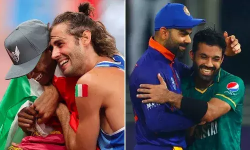 Mutaz Essa Barshim and Gianmarco Tamberi sharing Olympics gold (left); Virat Kohli hugs Muhammad Rizwan (right)