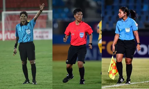Indian match officials Rebello Maria Ranjita Devi and Fernandes Uvena