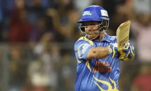 Indian cricketer Virender Sehwag in action at the last Legends Cricket League (Source: Stumpsandbails)