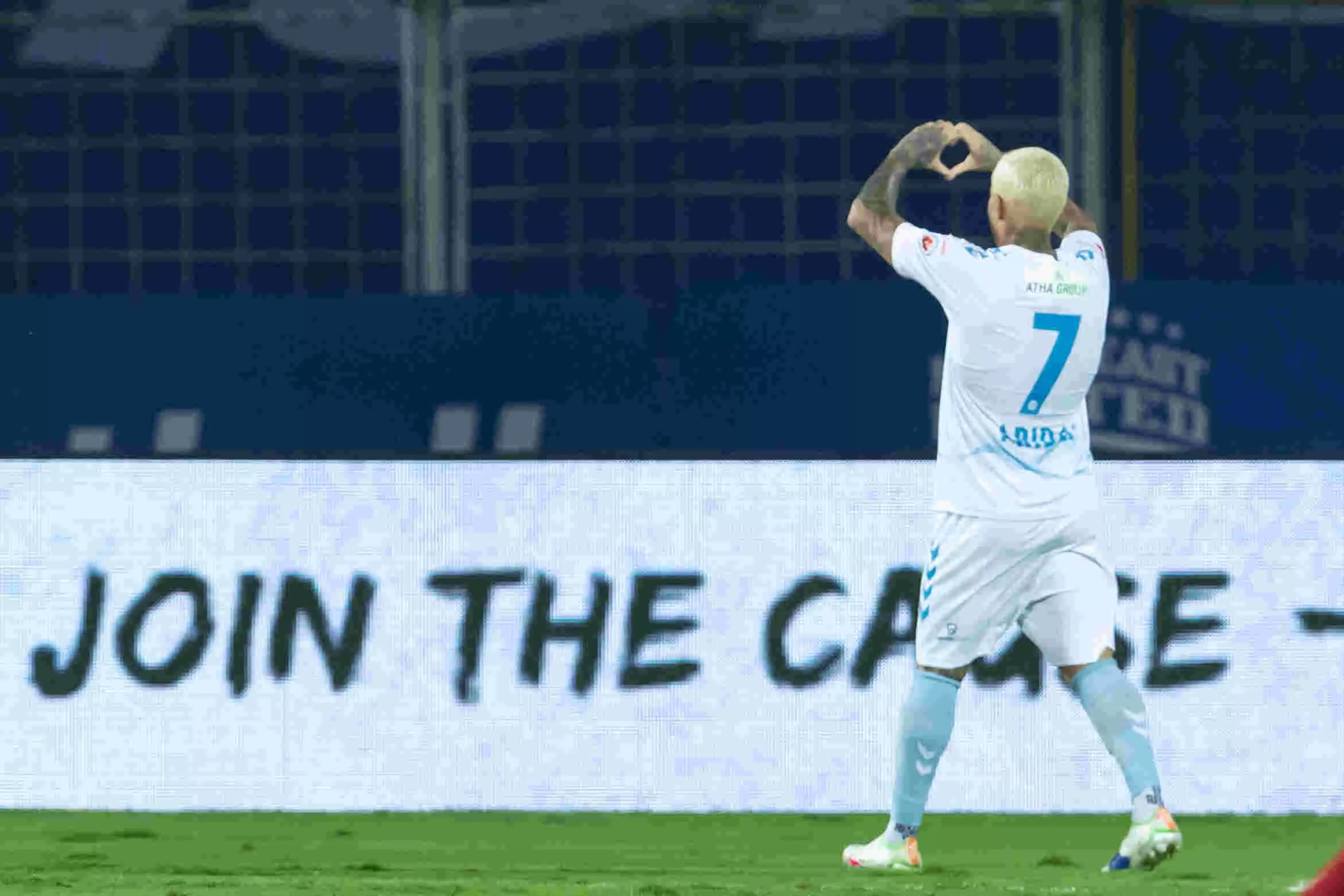 OFCs Aridai Cabrera Suarez reacts after a low shot that got past NEUFC goalkeeper Mirshad Michu to double the lead; (Image via ISL) 