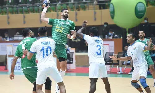 A still from the India vs Saudi Arabia encounter at the Asian Handball Championships (Source- Saudi Arabia Handball Federation/Twitter).jpg A still from the India vs Saudi Arabia encounter at the Asian Handball Championships (Source- Saudi Arabia Handball Federation/Twitter).jpg