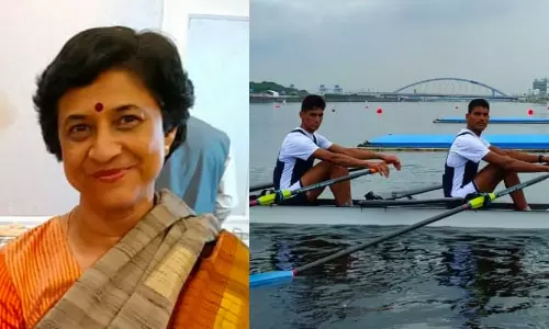 Rowing Federation of India President Rajlaxmi Singh Deo (Left); Indian rowers Arvind Singh and Arjun Lal Jat at the Tokyo Olympics (Right)