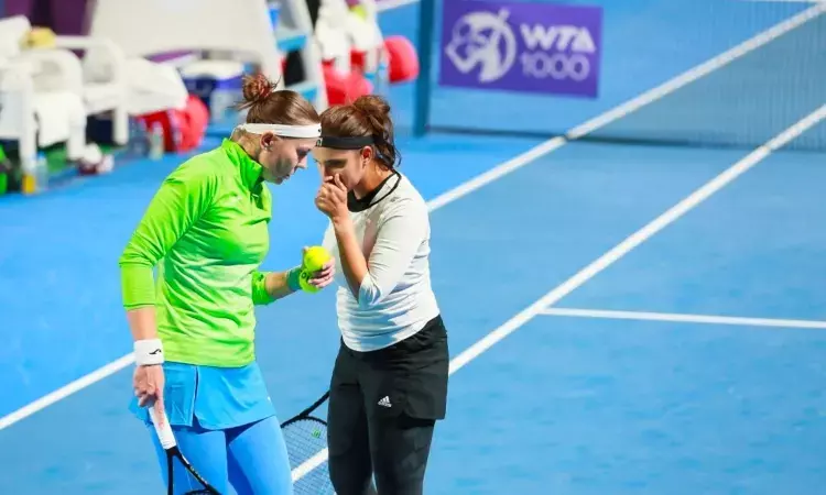 Sania Mirza with her partner Lucie Hradecka has progressed to the semi-finals of the WTA Qatar Open 1000 Sania Mirza with her partner Lucie Hradecka has progressed to the semi-finals of the WTA Qatar Open 1000
