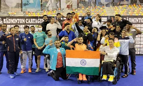 A victorious Indian para-badminton contingent with their 21-medal loot from the Spanish Para Badminton International - Level 1 event