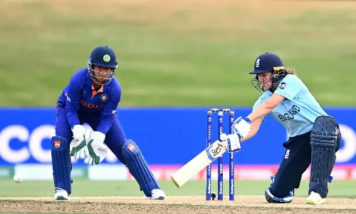 England all-rounder plays a shot while Indian wicketkeeper Richa Ghosh is behind the stumps (Source: ICC)