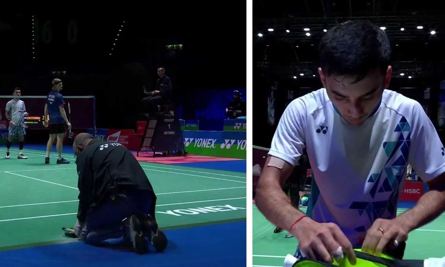 All England staff get busy cleaning up the blood on the court (left) and Lakshya Sen with his taped fingers (Source: BWF TV/Voot Select)
