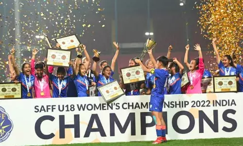 Indian football team celebrates their U-18 Womens SAFF Championships win (Source: PTI)