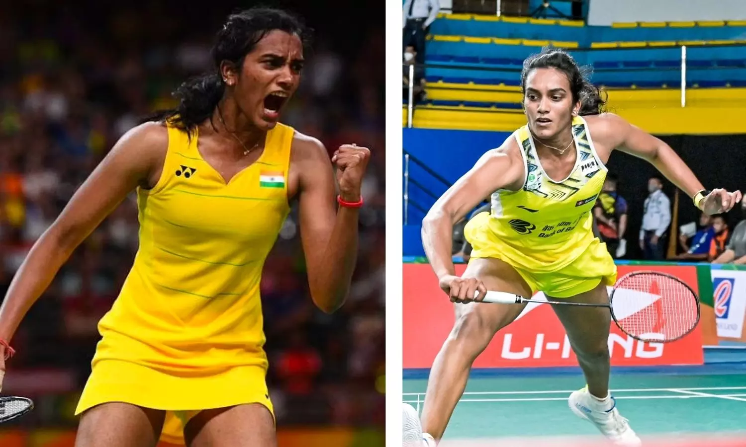 Sindhu at the Rio Olympics (left) and Sindhu at BAC with a matching yellow smartwatch