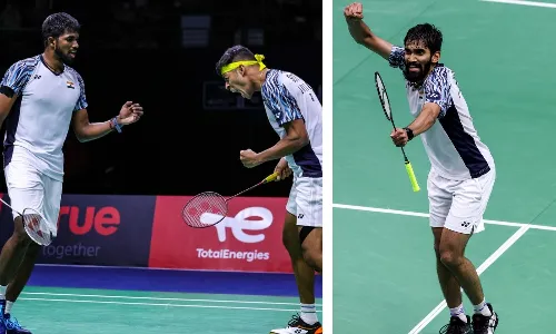 Satwiksairaj Rankireddy/Chirag Shetty and Kidambi Srikanth during the Thomas Cup 2022 semi-finals against Denmark (Source: Badminton Photo)