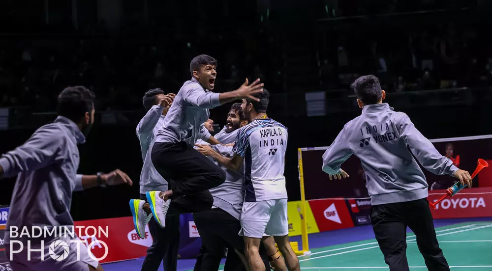 Chirag Shetty celebrates by leaping high in the air (Source: Badminton Photo)
