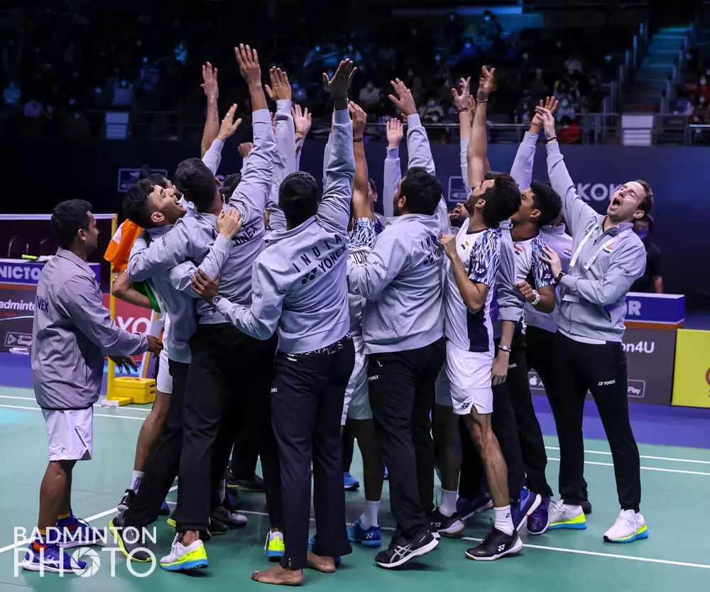 The Indian mens team huddles up to celebrate (Source: Badminton Photo)